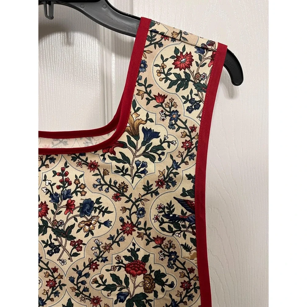 Red Blue Floral Bird Side Tie Apron, Handcrafted Kitchen Linen